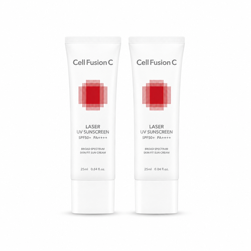 Two white tubes of Cell Fusion C Laser UV Sunscreen SPF50+ PA++++ side by side on a white background.